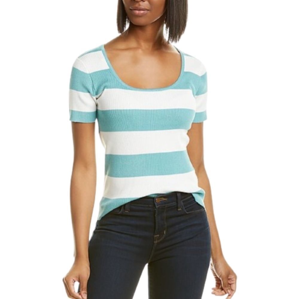 𝅺21 MAIN Blue & White Striped Ribbed Knit Short Sleeved Sweater Womens Size L